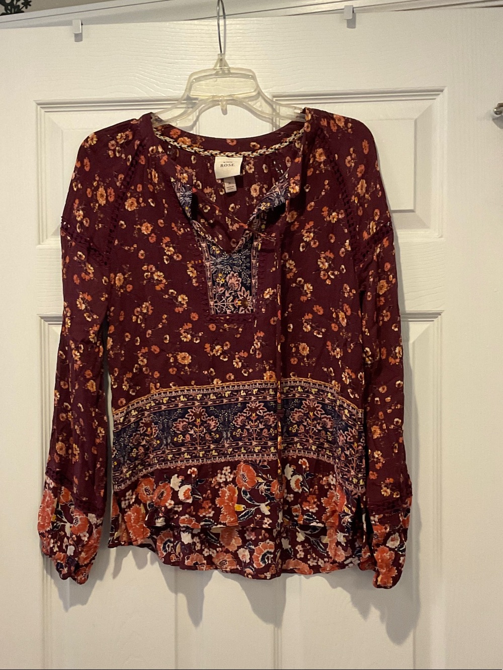 Burgundy Floral Boho Peasant Blouse